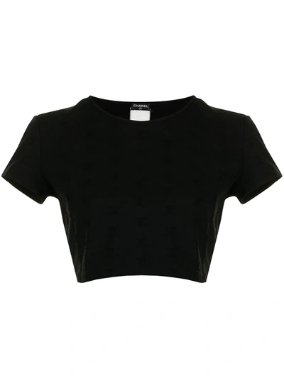 Pre-owned Chanel 1990s Embroidered Logo Cropped T-shirt In Black
