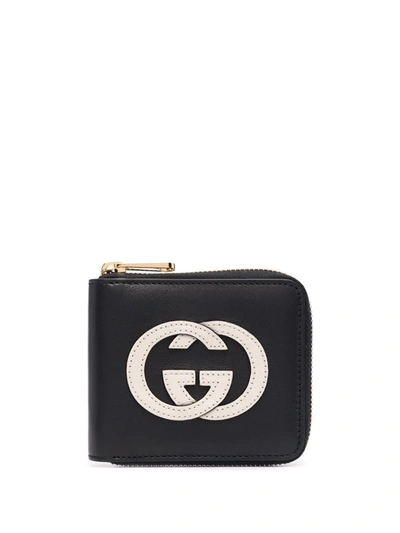 Gucci G Interlocking Leather Zip Around Wallet In 블랙,화이트