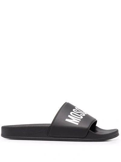 Moschino Teen Logo Print Slides In Black