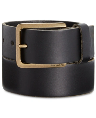 Tommy Hilfiger Men's Heavy Brass Buckle Leather Belt In Black