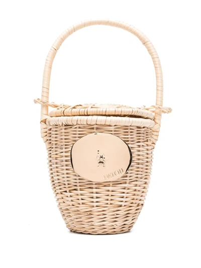 Patou Logo Plaque Wicker Bucket Bag In Beige