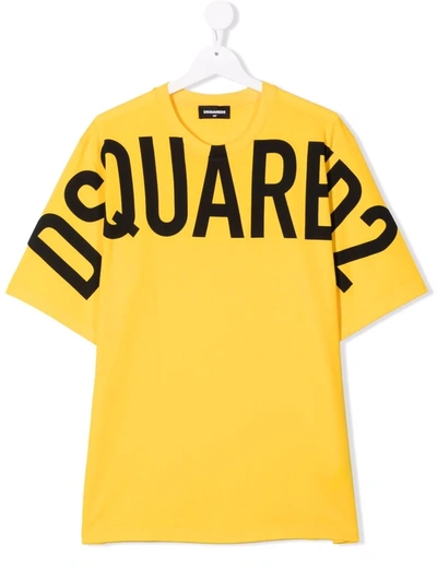 Dsquared2 Teen Logo Print Cotton T-shirt In Yellow