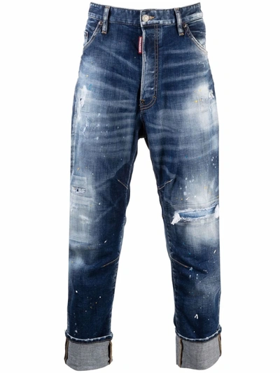 Dsquared2 Paint-splatter Distressed Wide-leg Jeans In Blau