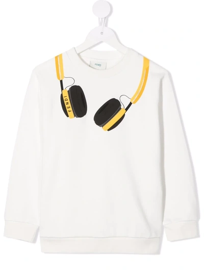 Fendi Kids' 套头耳机logo印花卫衣 In Bianco