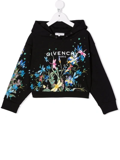 Givenchy Kids' Logo花卉印花连帽衫 In Black
