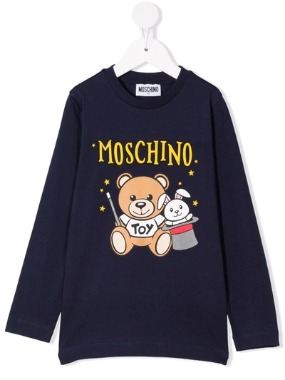 Moschino Kids' Teddy Bear Logo Cotton Sweatshirt In Blue