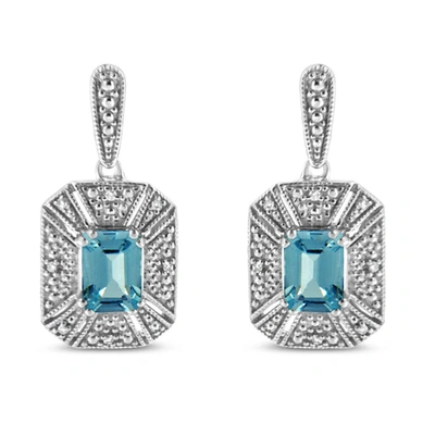 Haus Of Brilliance .925 Sterling Silver 7x5mm Emerald Shape Blue Topaz Accent Art Deco Halo Style Drop And Dangle Earri In White