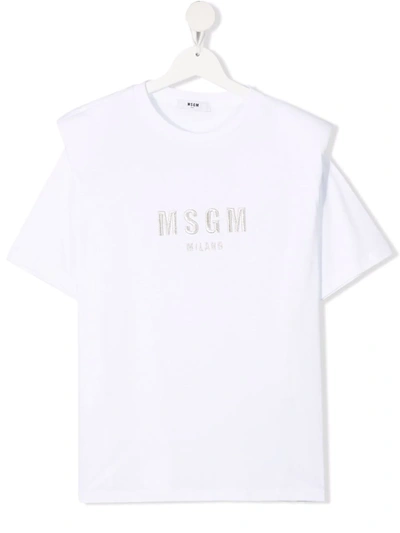 Msgm Teen Embroidered-logo Cotton T-shirt In White