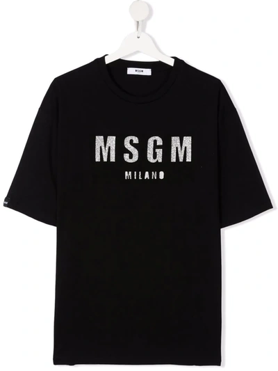Msgm Teen Glitter Logo-print Cotton T-shirt In Nero