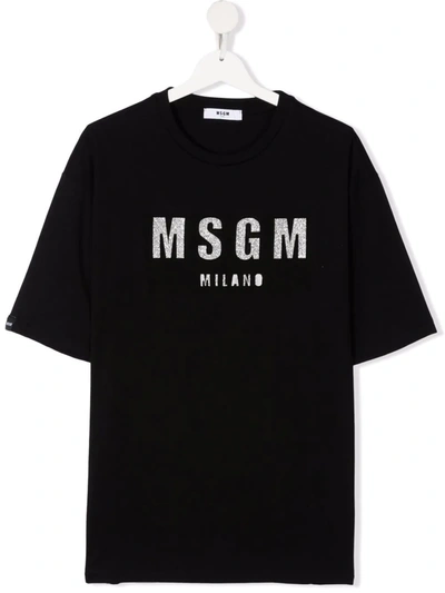 Msgm Teen Glitter Logo-print Cotton T-shirt In Black