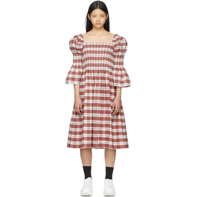 Molly Goddard Aditi Shirred Checked Cotton-blend Midi Dress In Rot