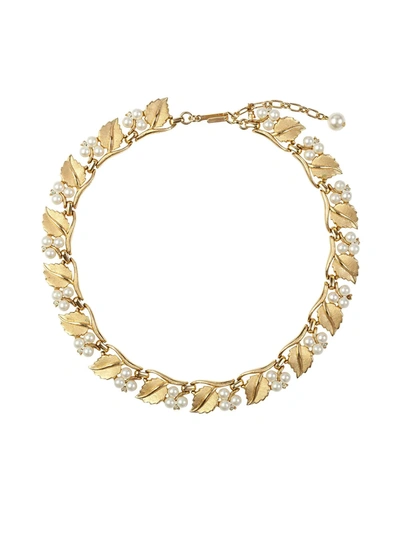 Pre-owned Susan Caplan Vintage 1960s Trifari Pearl-embellished Leaf Necklace In Gold