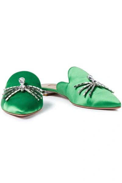 Aquazzura Crystal Spider Embellished Satin Slippers In Green