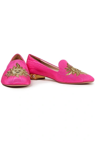 Aquazzura Indian Sun Embellished Moire Loafers In Bright Pink