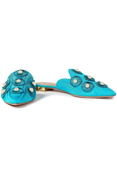 Aquazzura Sunflower Studded Fringed Moire Slippers In Turquoise