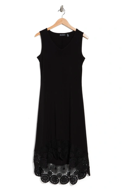 Nina Leonard V-neck Sleeveless Lace Hem High/low Dress In Black