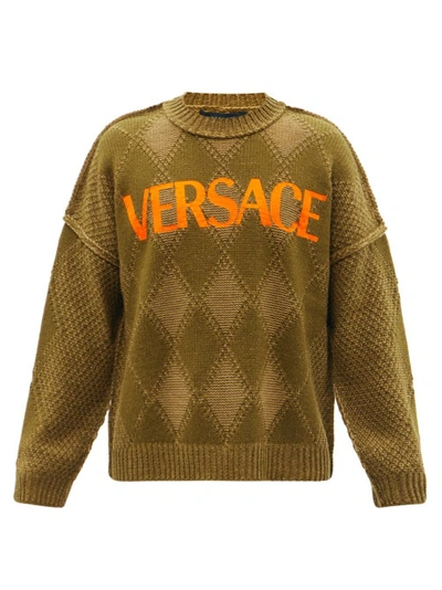 Versace Logo-print Argyle Wool-blend Sweater In Green