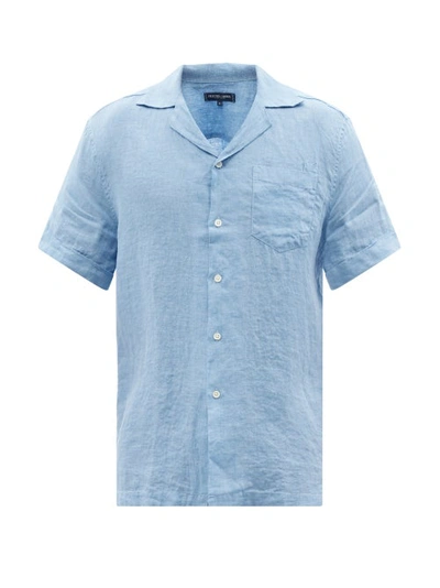 Frescobol Carioca Cuban-collar Short-sleeved Linen Shirt In Chambray Blue