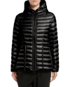 Moncler Raie Tie Waist Hooded Lightweight Down Jacket In Black