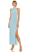 Norma Kamali Halter Turtleneck Side Slit Gown In Baby Blue