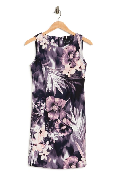 Connected Apparel Tropical Print Sleeveless Dress In Navy/ Mauve