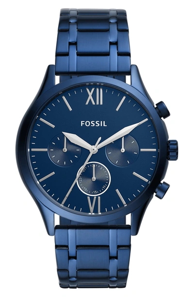 Fossil Fenmore Midsize Multifunction Navy Stainless Steel Watch In Blue
