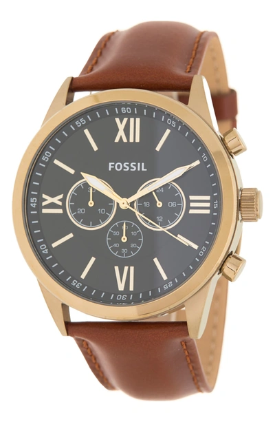Fossil Flynn Chronograph Leather Strap Watch, 48mm