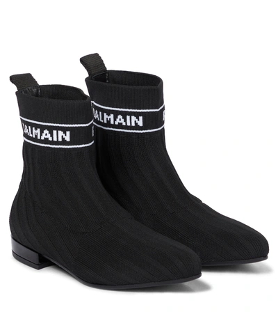 Balmain Kids' Logo-knit Almond-toe Ankle Boots In Black