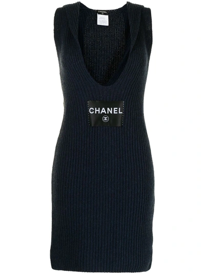 Pre-owned Chanel 2008 Plunging Neck Knitted Dress In Blue