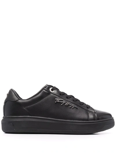 Tommy Hilfiger Signature Leather Sneakers In Black