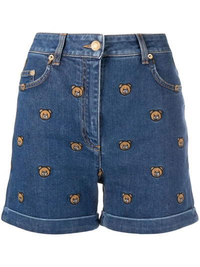 Moschino Denim Shorts With Embroidered Teddy Bear In Blue