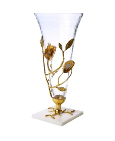 Classic Touch 15" Glass Vase With Leaf And Agate Stone Design In Gold