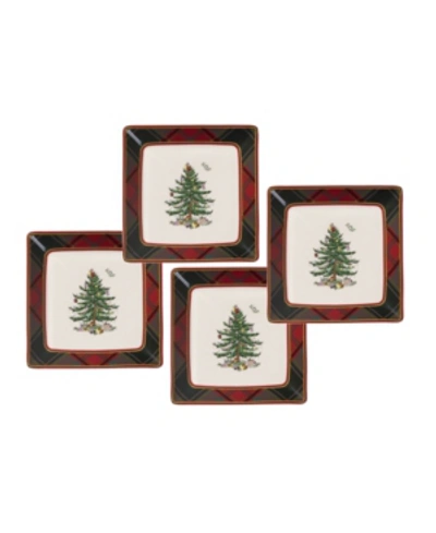 Spode Christmas Tree Tartan Square Tidbit Plates, Set Of 4 In White Multi