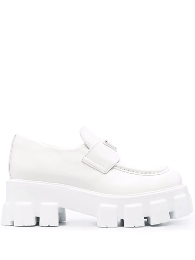 Prada Monolith Leather Logo Platform Loafers In White