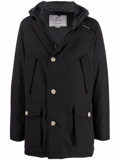 Woolrich Button-up Padded Hooded Coat In New Black