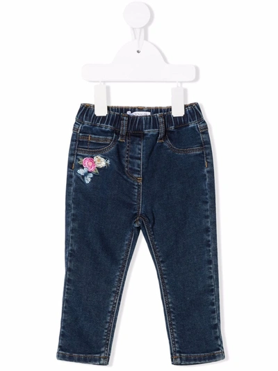 Monnalisa Babies' Floral-embroidered Jeans In Blue