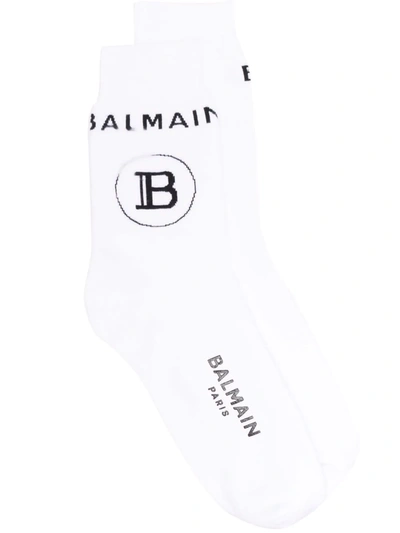 Balmain Monogram-pattern Cotton Socks In White