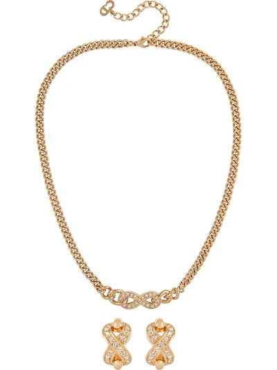 Pre-owned Dior 1980s  Crystal-embellished Necklace And Earrings Set In Gold