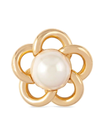 Pre-owned Dior 1980s  Pearl-embellished Floral Brooch In Gold