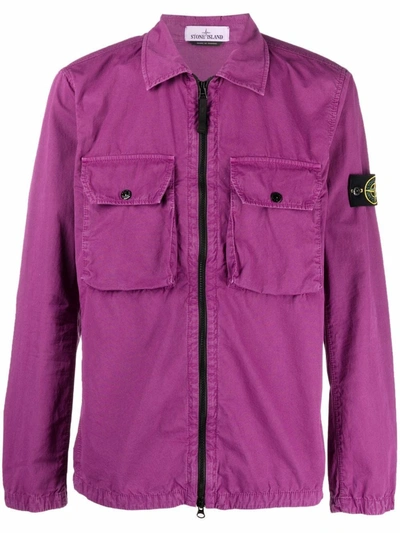 Stone Island Logo-appliquéd Garment-dyed Cotton-twill Overshirt In Purple