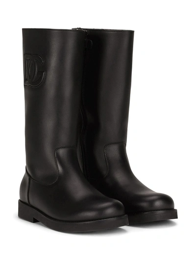 Dolce & Gabbana Kids' Logo Embossed Tall Boots In Black