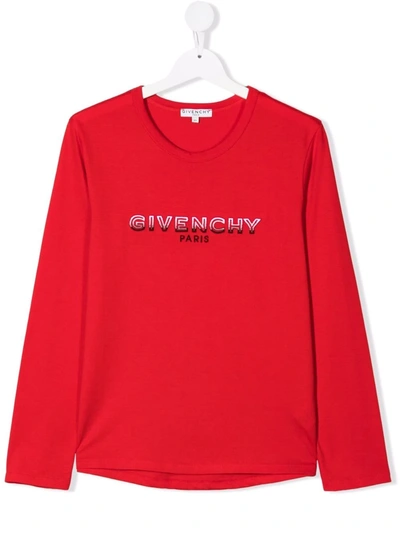 Givenchy Kids' Long-sleeved T-shirt In Red Cotton With Logo Print