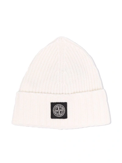 Stone Island Kids' Ribbed-knit Logo-patch Beanie In Neutrals