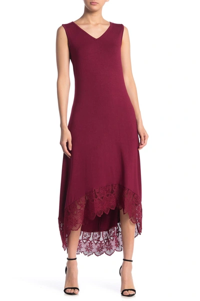 Nina Leonard Sleeveless V-neck High/low Dress In Bordeaux