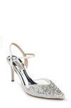Badgley Mischka Crystal Embellished Pointed Toe Pump In Soft White Satin
