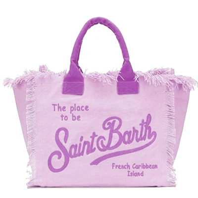 Mc2 Saint Barth Purple Canvas Bag With Embroidered Wrtiting