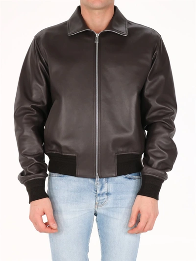 Bottega Veneta High-neck Leather Bomber Jacket In Brown