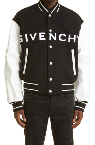 Givenchy Wool And Grained Leather Varsity Jacket In Black White