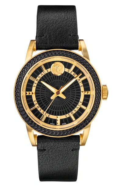 Versace Code Goldtone & Leather-strap Watch In Black/gold