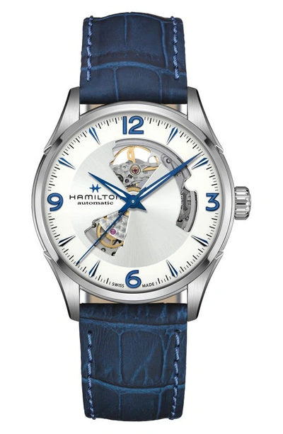 Hamilton Men's Swiss Automatic Jazzmaster Open Heart Blue Leather Strap Watch 42mm In White/blue